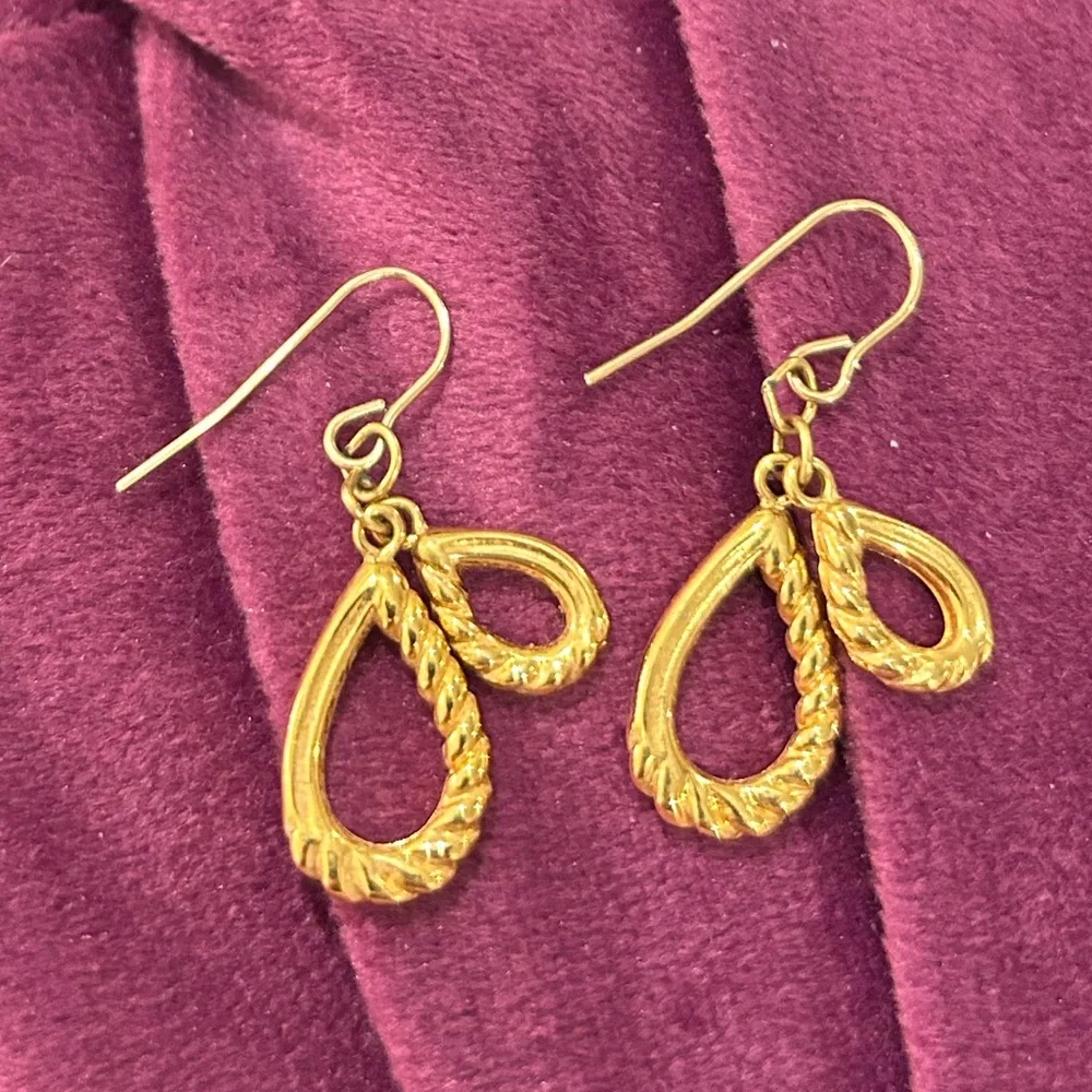 Vintage Sculptural Minimalist Gold Rope Loop Dangle Drop Earrings